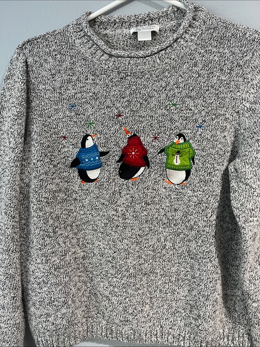 Christopher & Banks Grey Marled Crewneck Sweater with Embroidered Penguins